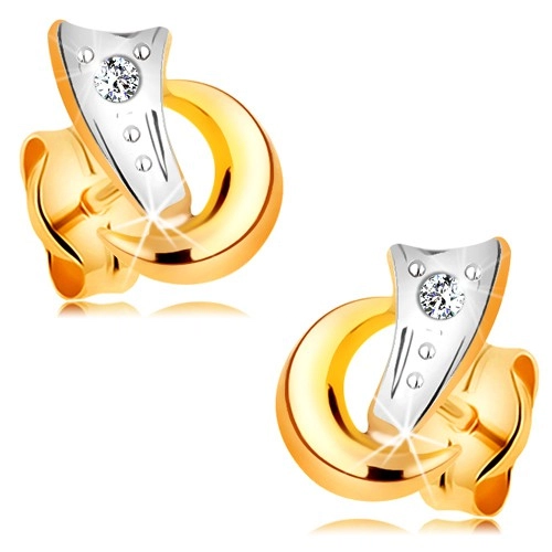 Dvoubarevné náušnice ve 14K zlatě - dva obloučky a třpytivý diamant čiré barvy