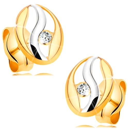 Levně Diamantové náušnice ve 14K zlatě - obrys oválu s vlnkou z bílého zlata, briliant