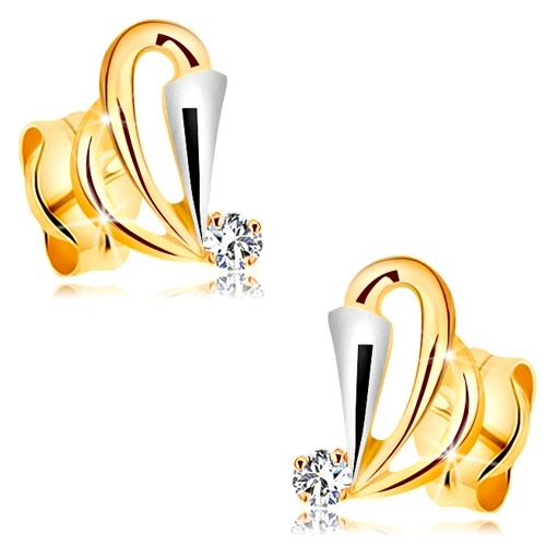 Zlaté náušnice 585 s čirým diamantem - kontury slziček, rozšířený pás z bílého zlata