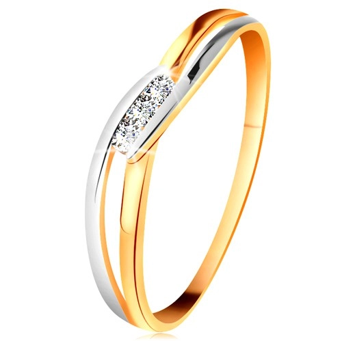 Diamantový prsten ze 14K zlata, tři čiré brilianty, rozdělená zvlněná ramena - Velikost: 64