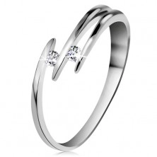 Briliantový prsten z bílého 14K zlata - dva blýskavé čiré diamanty, tenké linie ramen
