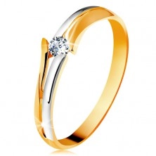Diamantový zlatý prsten 585, zářivý čirý briliant, rozdělená dvoubarevná ramena