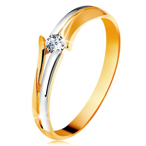 Diamantový zlatý prsten 585, zářivý čirý briliant, rozdělená dvoubarevná ramena - Velikost: 49