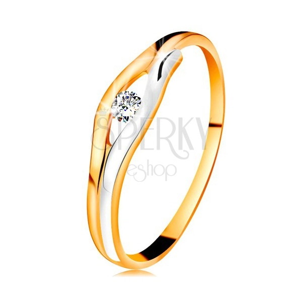 Briliantový prsten ve 14K zlatě - diamant v úzkém výřezu, dvoubarevné linie
