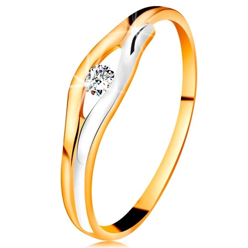 Briliantový prsten ve 14K zlatě - diamant v úzkém výřezu, dvoubarevné linie - Velikost: 62