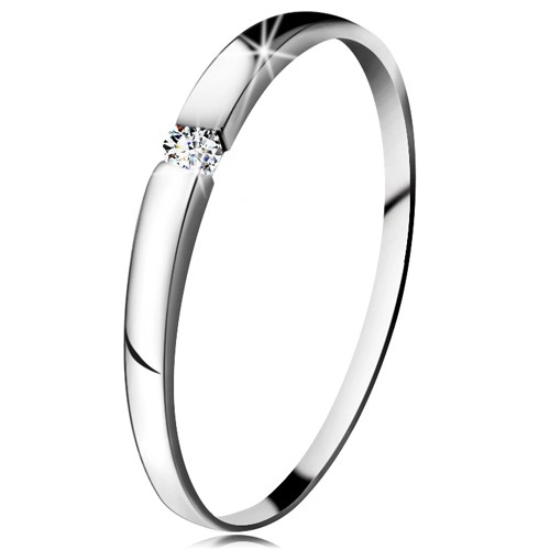 Diamantový prsten z bílého 14K zlata - briliant čiré barvy, jemně vypouklá ramena - Velikost: 57