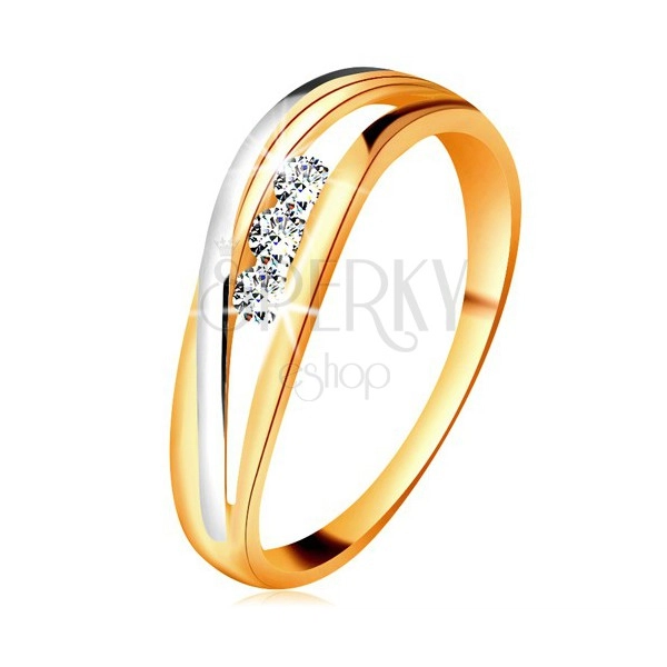 Briliantový prsten ze 14K zlata, zvlněné dvoubarevné linie ramen, tři čiré diamanty