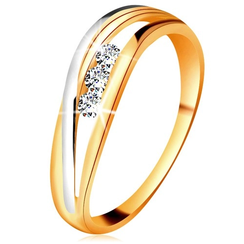 Briliantový prsten ze 14K zlata, zvlněné dvoubarevné linie ramen, tři čiré diamanty - Velikost: 50