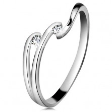 Diamantový prsten z bílého 14K zlata - dva blýskavé čiré brilianty, lesklé linie ramen
