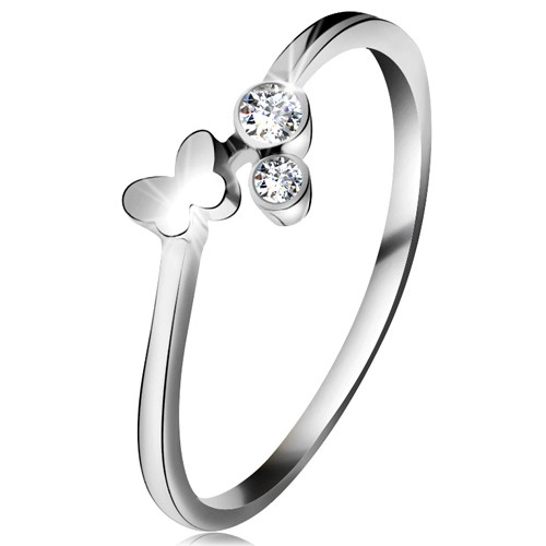 Diamantový prsten z bílého 14K zlata - dva čiré brilianty, lesklý motýlek - Velikost: 59