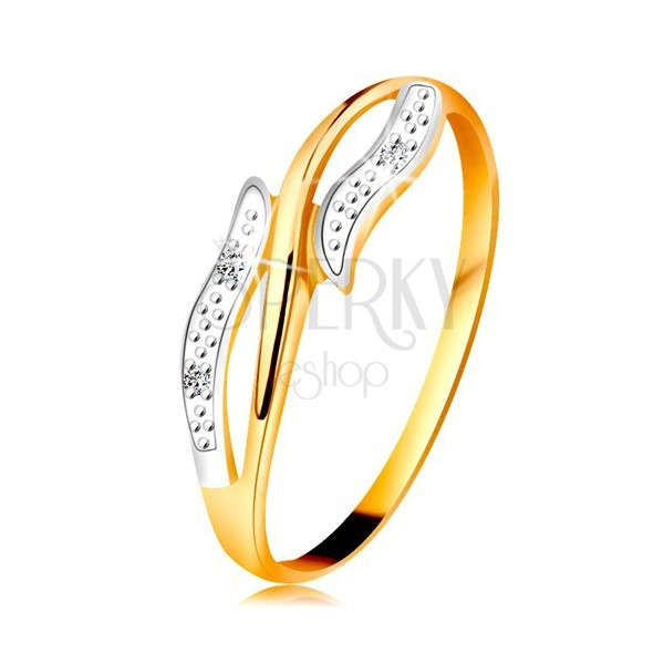 Diamantový prsten ze 14K zlata, zvlněná dvoubarevná ramena, tři čiré diamanty
