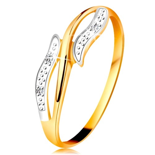 Diamantový prsten ze 14K zlata, zvlněná dvoubarevná ramena, tři čiré diamanty - Velikost: 64