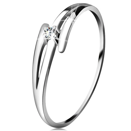 Briliantový prsten z bílého 14K zlata - rozdělená zvlněná ramena, čirý diamant - Velikost: 57