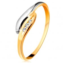Zlatý diamantový prsten 585 - dvoubarevné zahnuté lístečky, tři čiré brilianty