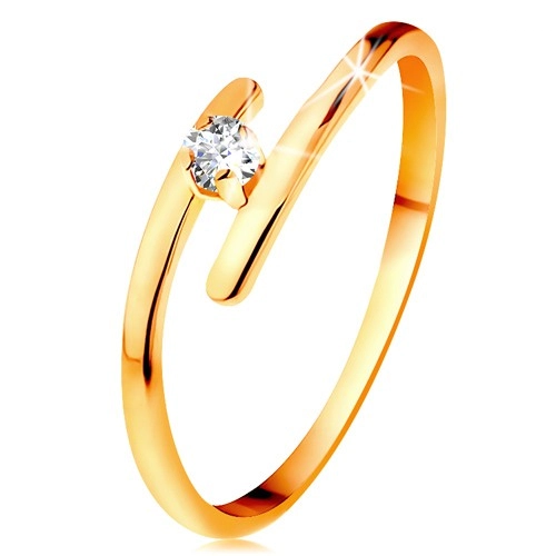 Diamantový prsten ve žlutém 14K zlatě - zářivý čirý briliant, tenká prodloužená ramena - Velikost: 54