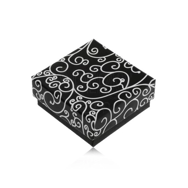 Papírová černá krabička na náušnice nebo přívěsek, bílé spirálovité ornamenty