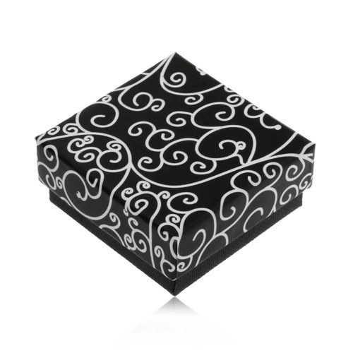 Papírová černá krabička na náušnice nebo přívěsek, bílé spirálovité ornamenty