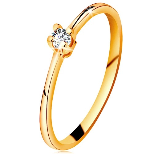 Zlatý prsten 585 - blýskavý čirý briliant ve čtyřcípém kotlíku, zúžená ramena - Velikost: 57