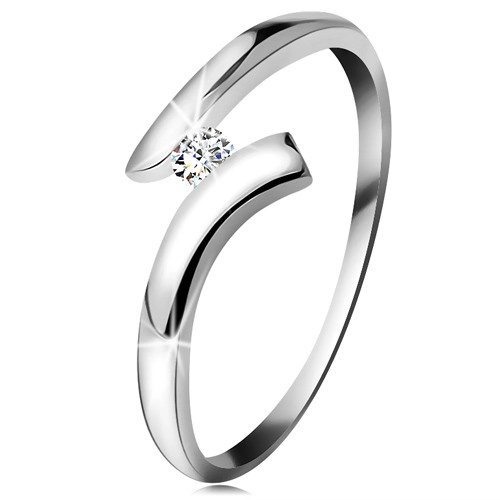 Diamantový prsten z bílého 14K zlata - zářivý čirý briliant, lesklá zahnutá ramena - Velikost: 59
