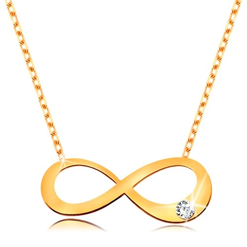 Zlatý 14K náhrdelník - plochý symbol nekonečna s čirým briliantem, blýskavý řetízek