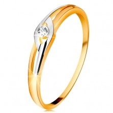 Diamantový prsten ze 14K zlata, dvoubarevná ramena s výřezy, čirý briliant