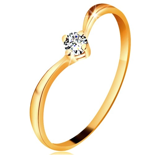 Prsten ze žlutého zlata 585 - lesklá zahnutá ramena, blýskavý čirý diamant - Velikost: 53