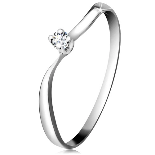 Diamantový prsten z bílého 14K zlata - blýskavý briliant v kotlíku, zvlněná ramena - Velikost: 54