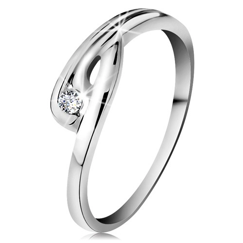 Prsten v bílém 14K zlatě - zářivý čirý diamant, zahnutá ramena se zářezem - Velikost: 51