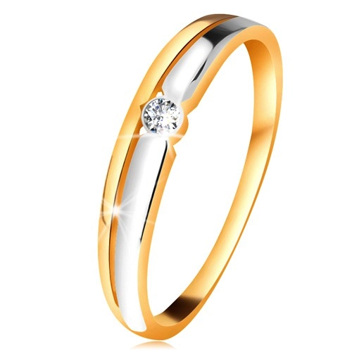 Briliantový prsten ze 14K zlata - čirý diamant v kruhové objímce, dvoubarevné linie - Velikost: 53