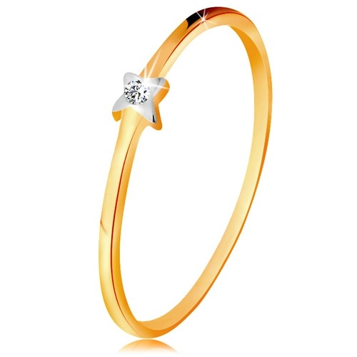 Dvoubarevný zlatý prsten 585 - hvězdička s čirým briliantem, tenká ramena - Velikost: 49