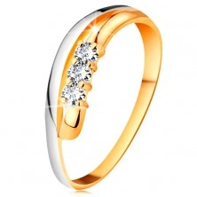Briliantový prsten ve 14K zlatě, zvlněné dvoubarevné linie ramen, tři čiré diamanty