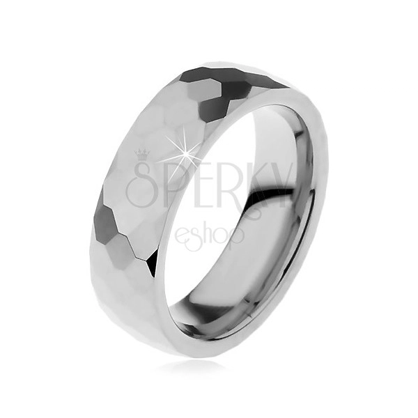 Wolframový prsten stříbrné barvy, vybroušené lesklé šestihrany, 6 mm