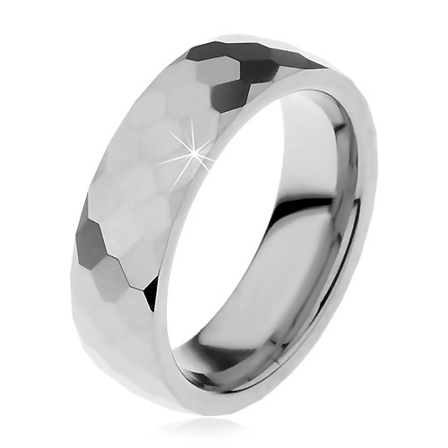 Wolframový prsten stříbrné barvy, vybroušené lesklé šestihrany, 6 mm - Velikost: 57