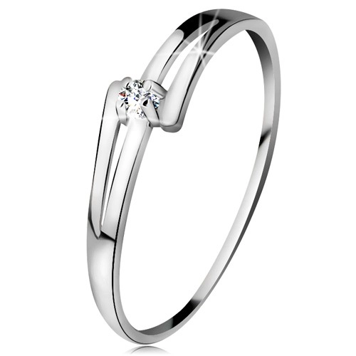 Briliantový prsten v bílém 14K zlatě - rozdělená lesklá ramena, čirý diamant - Velikost: 51