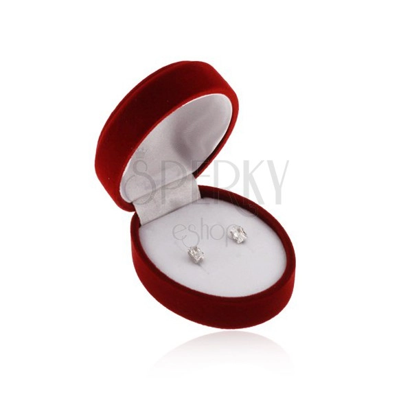 Oválná bordó krabička na náušnice, přívěsek nebo dva prsteny, sametový povrch