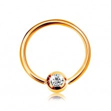 Zlatý 14K piercing - lesklý kroužek a kulička se vsazeným zirkonem čiré barvy, 8 mm
