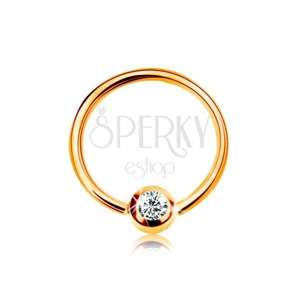 Zlatý 14K piercing - lesklý kroužek a kulička se vsazeným zirkonem čiré barvy, 8 mm