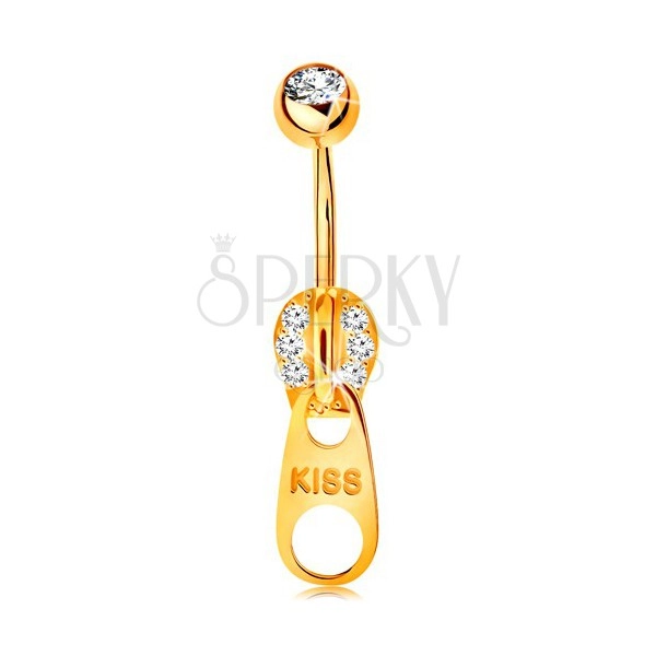 Piercing do bříška ve žlutém 9K zlatě - zip zdobený zirkonky a nápisem KISS