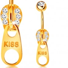 Piercing do bříška ve žlutém 9K zlatě - zip zdobený zirkonky a nápisem KISS