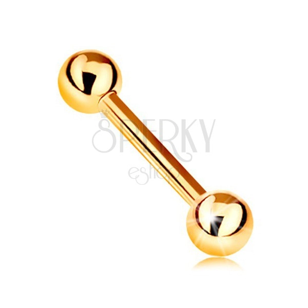 Piercing ve žlutém zlatě 375 - činka, dvě lesklé hladké kuličky, 8 mm