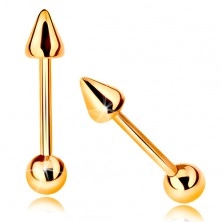 Zlatý 9K piercing - lesklá rovná činka s kuličkou a kuželem, 10 mm