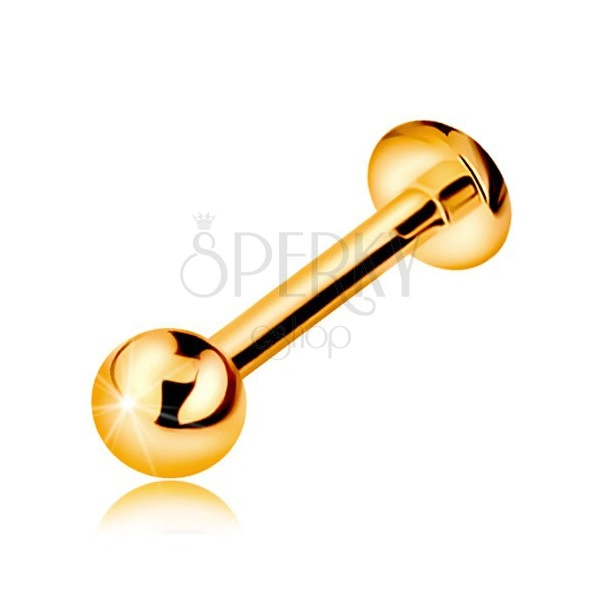 Zlatý 9K piercing do rtu nebo brady - labret s kuličkou a kolečkem, 10 mm