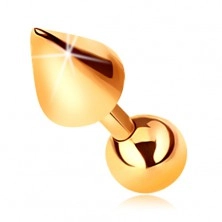 Zlatý 9K piercing - lesklá rovná činka s kuličkou a kuželem do tragu, 5 mm
