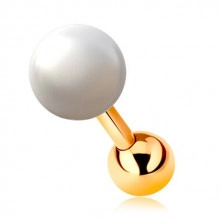 Piercing do ucha ze žlutého 14K zlata, bílá perla a lesklá kulička, 6 mm