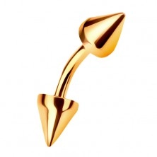Zlatý 14K piercing do obočí ukončený dvěma kuželovitými hroty, 6 mm