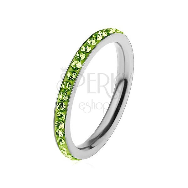 Prsten z oceli 316L ve stříbrné barvě, zirkonky ve světle zeleném odstínu