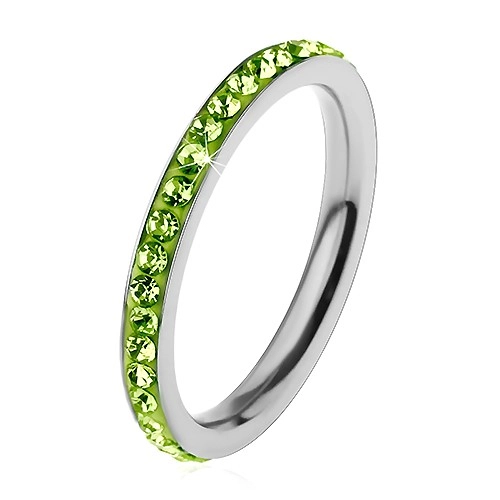 Prsten z oceli 316L ve stříbrné barvě, zirkonky ve světle zeleném odstínu - Velikost: 52