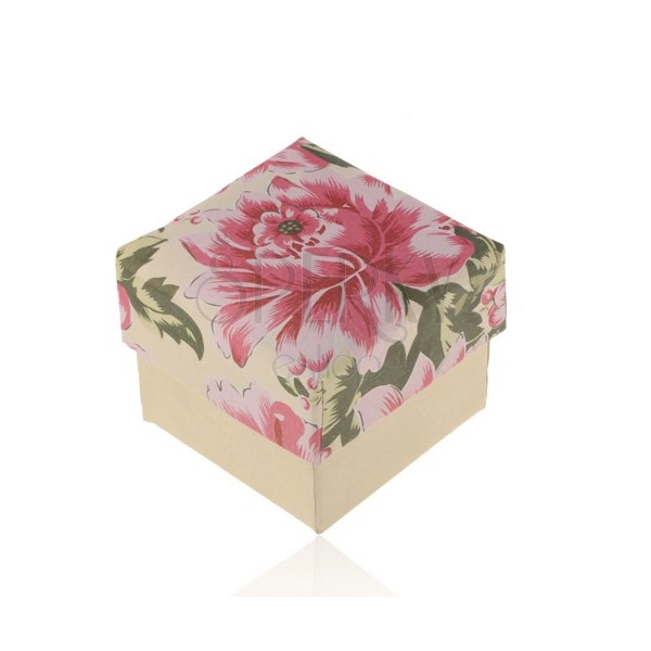 Papírová krabička na prsten nebo náušnice, perleťovo-béžová s růžovým květem
