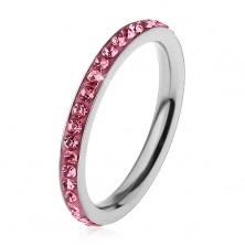 Prsten z chirurgické oceli stříbrné barvy, zářivé zirkonky v růžovém odstínu