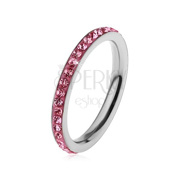 Prsten z chirurgické oceli stříbrné barvy, zářivé zirkonky v růžovém odstínu